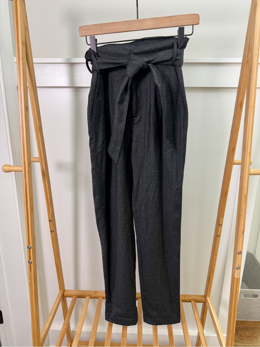 Sezane Dark Gray Austin High-Waist Paperbag Tie-Waist Trousers